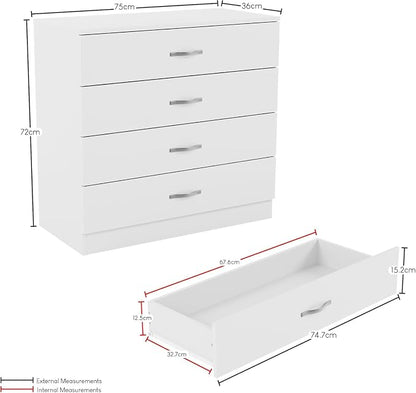 White Chest of Drawers, 4 Drawer With Metal Handles & Runners, Unique Anti-Bowing Drawer Support, Riano Bedroom Furniture
