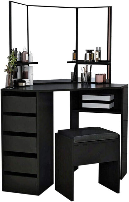 Panana Dressing Table MDF Corner Makeup Table with 3 Mirrors, 5 Drawers, 1 Compatiment and Bedroom Stool, 109 cm (L) x 55 cm (W) x 140 cm (H) (Black)