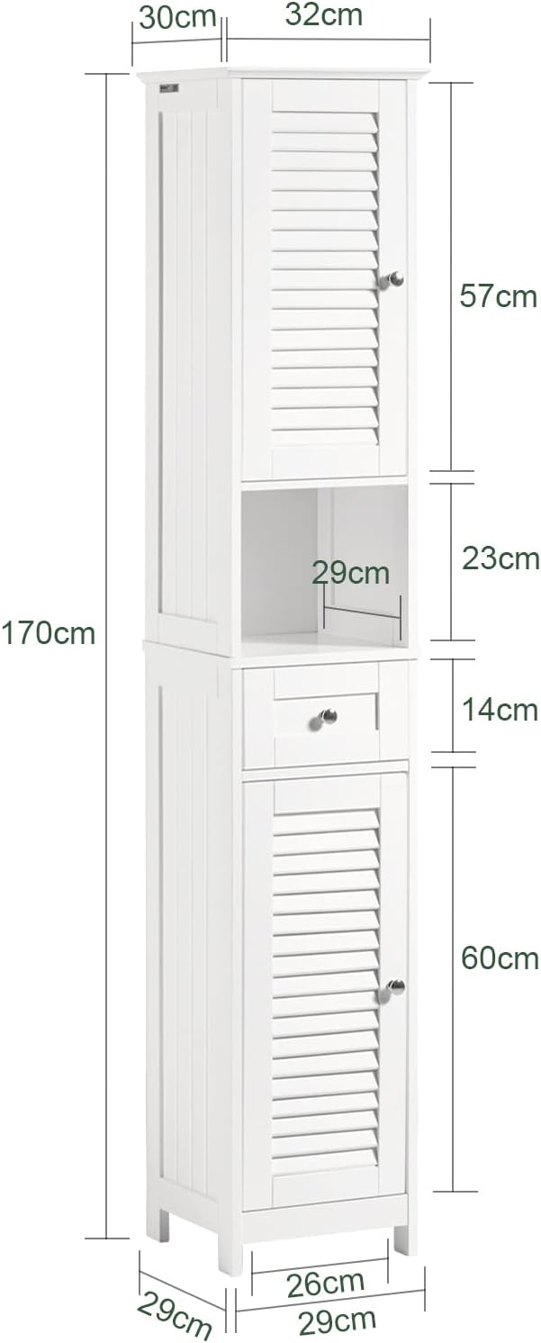 SoBuy FRG236-W,Tall Bathroom Cabinet,Storage Unit with 2 Shutter Doors and 1 Drawer, H170cm