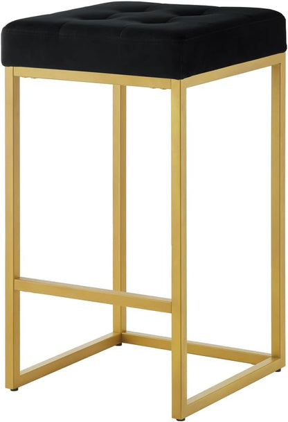 24KF Contemporary 26" H Counter Height Stool with Tufted Seat, Velvet Padded Barstool with Durable Golden Met Balase,Set of 2,5066-Black