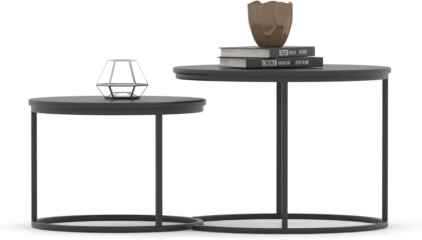 RIGID Nesting Tables Set of 2 Wood Coffee Table Round, Farmhouse End Tables for Living Room, Small Couch Tea Table, Industrial Stacking Side Tables with Sturdy Steel Metal Frame