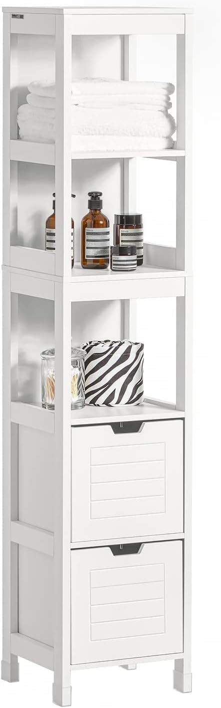 FurniFlex High Bathroom Cabinet with 3 Shelves and 2 Drawers, 30 cm x 30 cm x 144 cm Size