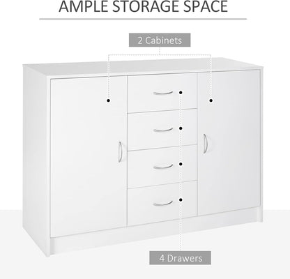 HOMCOM Sideboard, Storage Cabinet with 2 Doors and 4 Drawers, Free Standing Cupboard, Chest Organizer for Kitchen and Living Room, White