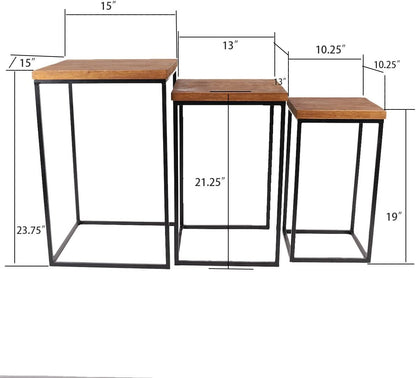 Uziass Wood Nesting Table Set of 3 Square Wooden Nesting Coffee Table, Modern Rustic Farmhouse Stacking Nesting End Table Side Tables with Sturdy Metal Frame for Living Room Bedroom Couch Home Decor