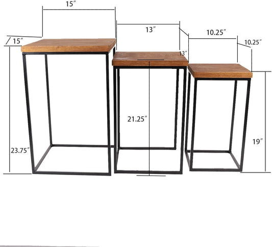 Uziass Wood Nesting Table Set of 3 Square Wooden Nesting Coffee Table, Modern Rustic Farmhouse Stacking Nesting End Table Side Tables with Sturdy Metal Frame for Living Room Bedroom Couch Home Decor