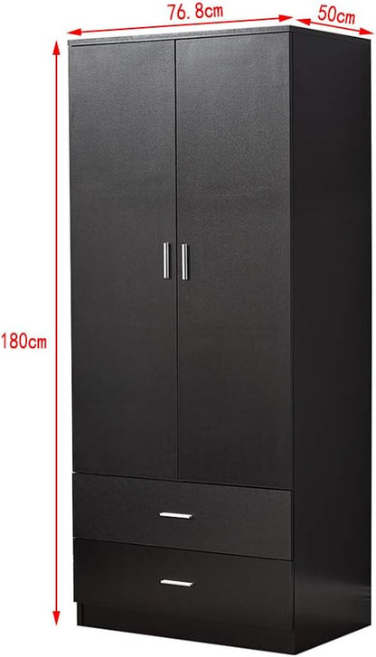 Panana 2 Door 2 Drawer Wardrobe with Hanging Rail Wooden Clothes Storage Cupboards Unit for Bedroom Furniture 76.8 * 50 * 180cm (Black)