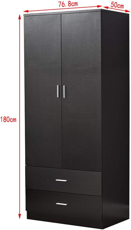 Panana 2 Door 2 Drawer Wardrobe with Hanging Rail Wooden Clothes Storage Cupboards Unit for Bedroom Furniture 76.8 * 50 * 180cm (Black)
