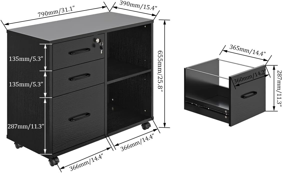 Panana-3 Drawer Office File Cabinets, Mobile Lateral Printer Stand with Open Storage Shelf, Rolling Filing Cabinet with Wheels Home Office Organization and Storage (Black)