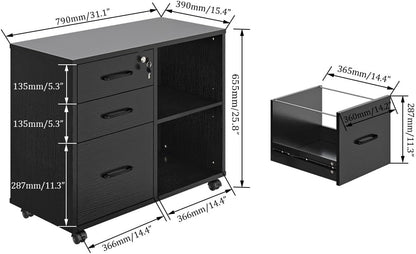 Panana-3 Drawer Office File Cabinets, Mobile Lateral Printer Stand with Open Storage Shelf, Rolling Filing Cabinet with Wheels Home Office Organization and Storage (Black)