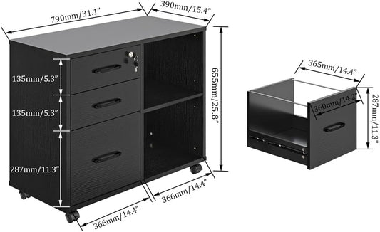 Panana-3 Drawer Office File Cabinets, Mobile Lateral Printer Stand with Open Storage Shelf, Rolling Filing Cabinet with Wheels Home Office Organization and Storage (Black)