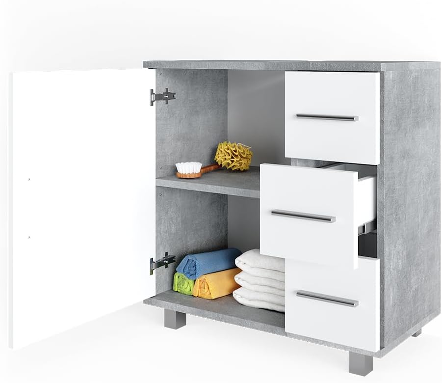 Vicco Ilias Vanity Unit Bathroom Cabinet (Concrete) - 60x60.8x33 cm - 3 Drawers & 1 Door - Stainless Steel Handles - Contemporary Style - Freestanding - Bathroom Storage