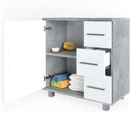Vicco Ilias Vanity Unit Bathroom Cabinet (Concrete) - 60x60.8x33 cm - 3 Drawers & 1 Door - Stainless Steel Handles - Contemporary Style - Freestanding - Bathroom Storage