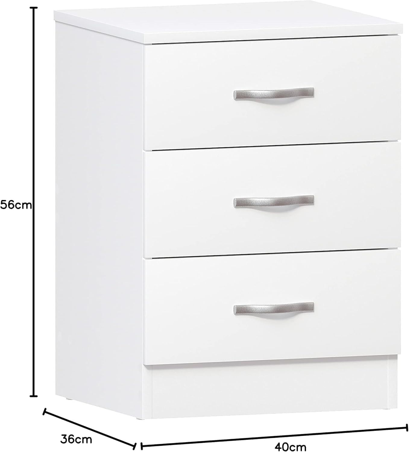Vida Designs Large White Bedside Cabinet Chest of Drawers, 3 Drawer With Metal Handles and Runners, Unique Anti-Bowing Drawer Support, Riano Bedroom Furniture