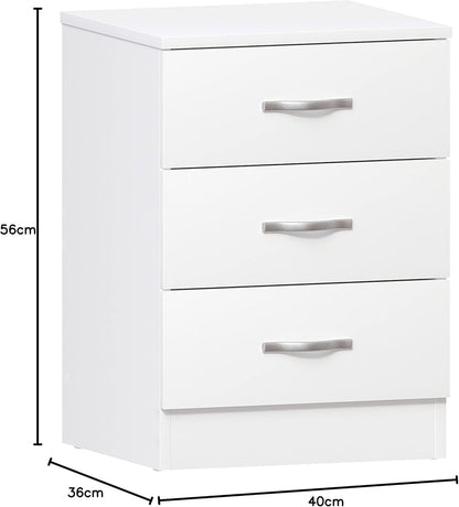 Vida Designs Large White Bedside Cabinet Chest of Drawers, 3 Drawer With Metal Handles and Runners, Unique Anti-Bowing Drawer Support, Riano Bedroom Furniture