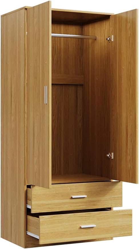 Panana 2 Door 2 Drawer Wardrobe with Hanging Rail Wooden Clothes Storage Cupboards Unit for Bedroom Furniture 76.8 * 50 * 180cm (Oak Effect), Beige