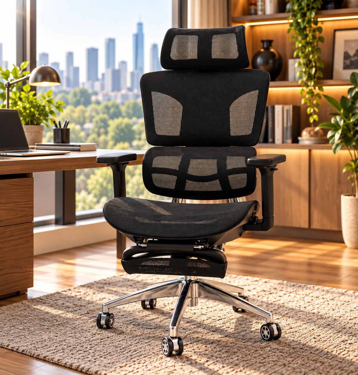 Modern Executive Mesh Office Chair with Adjustable Headrest & Footrest