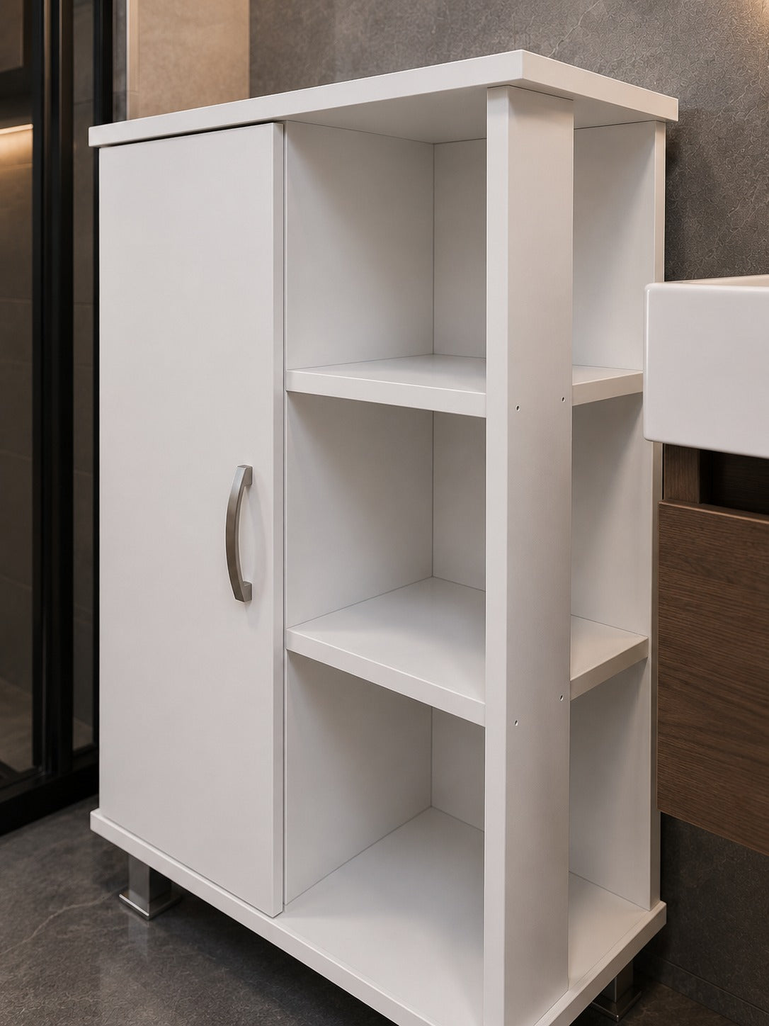 bathroom shelving Unit has 2 doors and 3 shelves White.