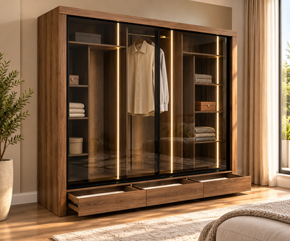 Modern Wooden Wardrobe with Glass Doors, LED Lighting & 3 Drawers