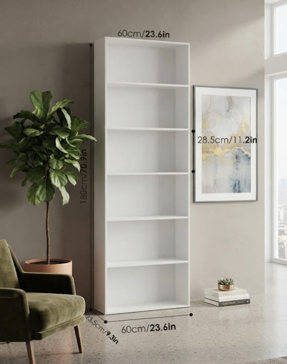 Wooden Bookcase with 6 Compartments, Wooden Storage Shelf for Living Room and Study, 180cm x 60cm x 23.5cm (White)