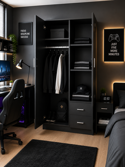 Drawer Wardrobe with Shelf and Hanging Rail Wooden Clothes