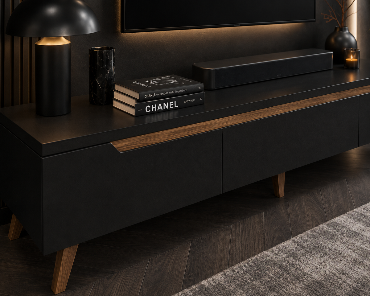 Minimalist Black TV Unit with Wooden Trim