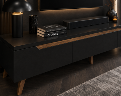 Minimalist Black TV Unit with Wooden Trim
