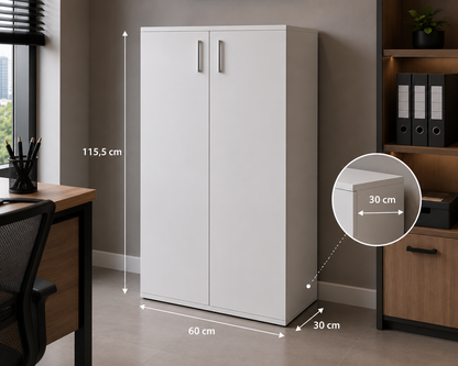 White Vela Bookshelf With 2 Doors | 3 Compartments | 115.5x60x30cm | Modern Side Cabinet | Bookcase | Wardrobe | Wooden Storage Unit | Shoe Storage