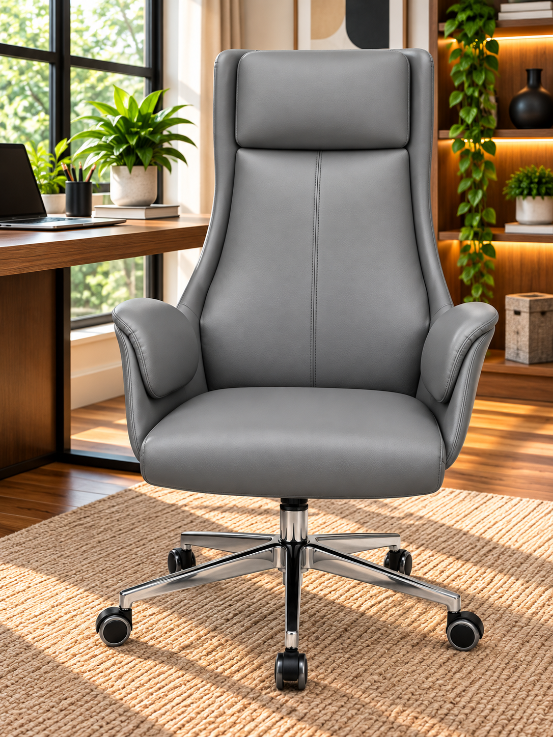 Contemporary High-Back Work Chair with Padded Headrest & Armrests