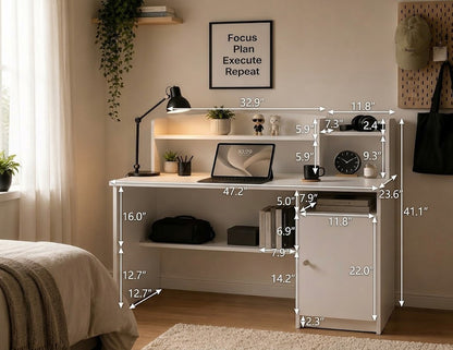 CubiCubi Computer Desk with Storage, 47 Inch Home Office Desk with Hutch and Shelves, Modern Writing Study Desk Work Table with Cabinet, White