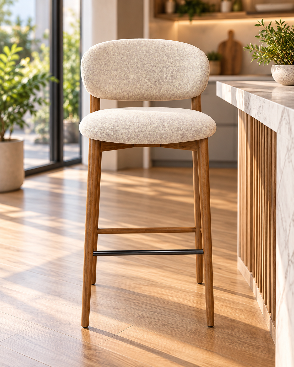 Modern Upholstered Bar Stool with Curved Backrest