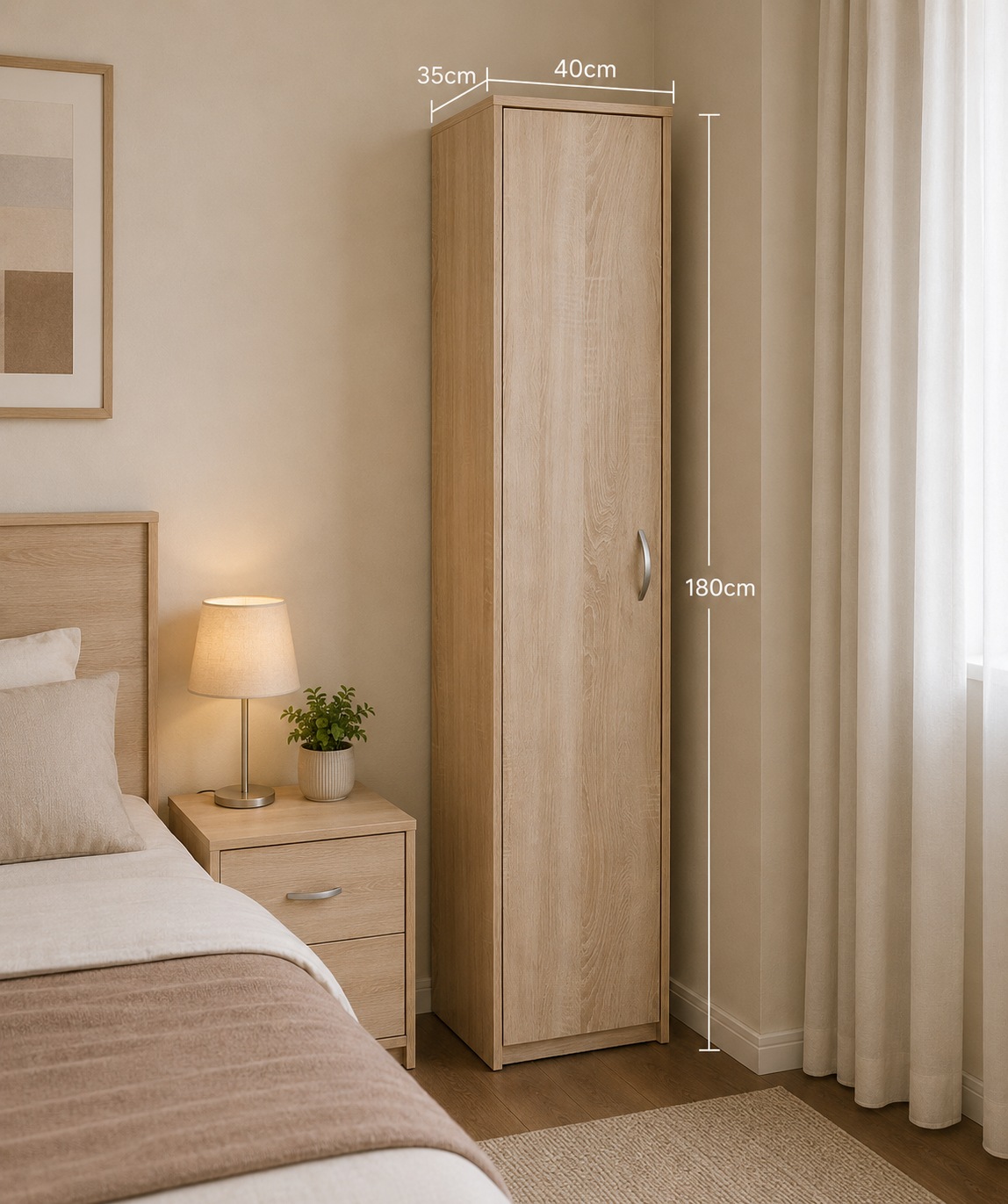 Tall Single-Door Storage Cabinet – Freestanding Utility Organizer Closet with Shelves, Oak Finish