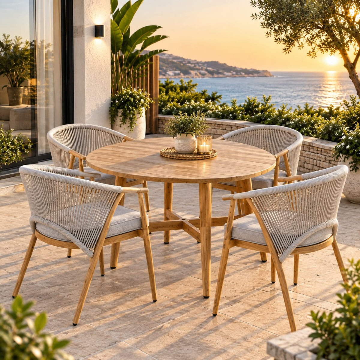 Modern Outdoor Round Dining Set with Woven Chairs for 4