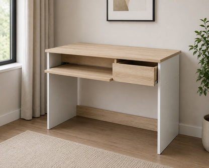 Coavas Computer Desk Study Table Wooden Writing Desk with Cupboard Drawers and Keyboard Tray Desktop PC Table for Adults and Children,80x45x75cm oak & White