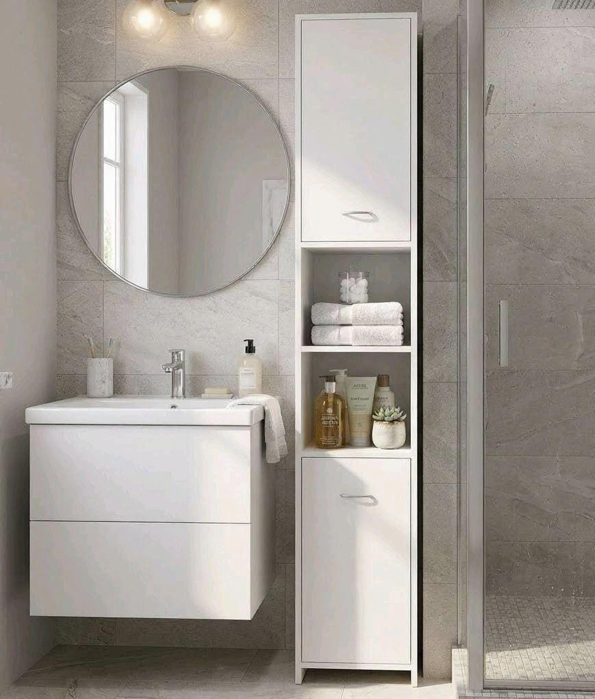 Deuba® Tall Bathroom Cupboard w/Shelves | 6 Compartments 2 Doors | Magnetic Lock | Narrow High Wooden Standing Storage Cabinet Unit | Tallboy | 180 x 30 x 30cm | White