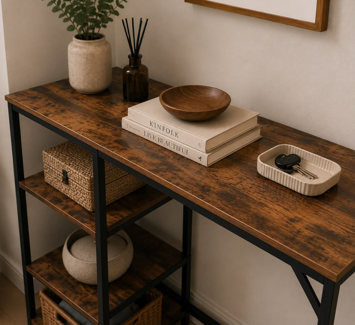 Rustic Industrial Console Table with Storage Shelves