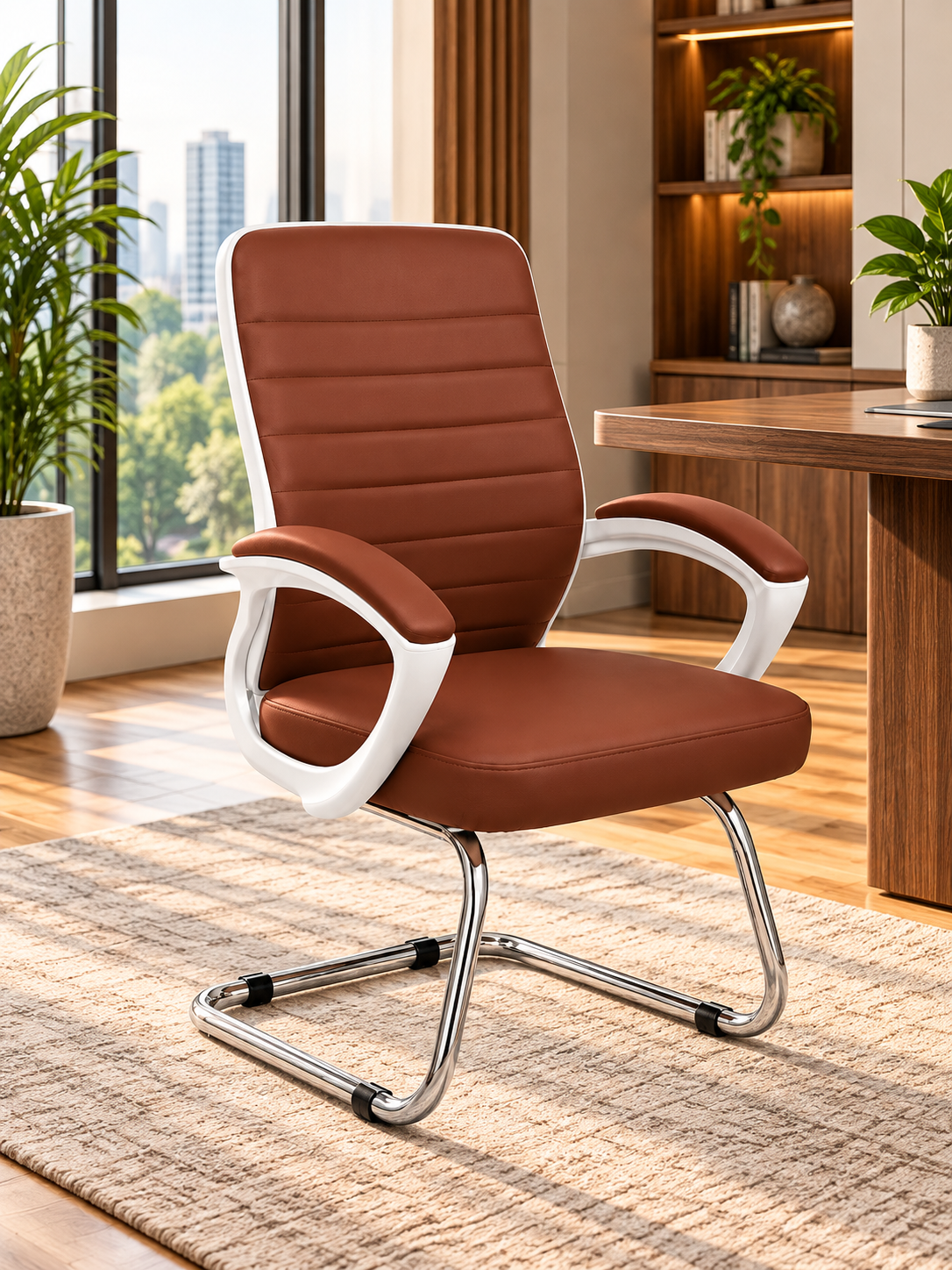 Modern Ergonomic Leather Office Chair with Fixed White Frame and Casters