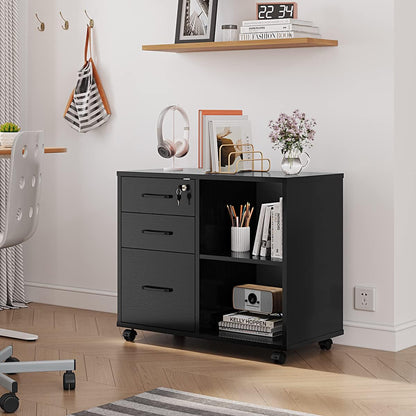 Panana-3 Drawer Office File Cabinets, Mobile Lateral Printer Stand with Open Storage Shelf, Rolling Filing Cabinet with Wheels Home Office Organization and Storage (Black)