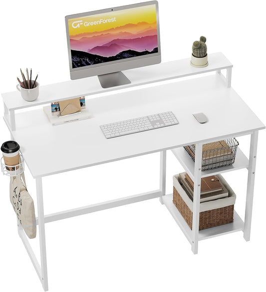 GreenForest Computer Desk with Full Monitor Stand and Reversible Storage Shelves,120cm Home Office Desk with Headphone Hook and Cup Holder, Study Writing Gaming Workstation Table,Full White