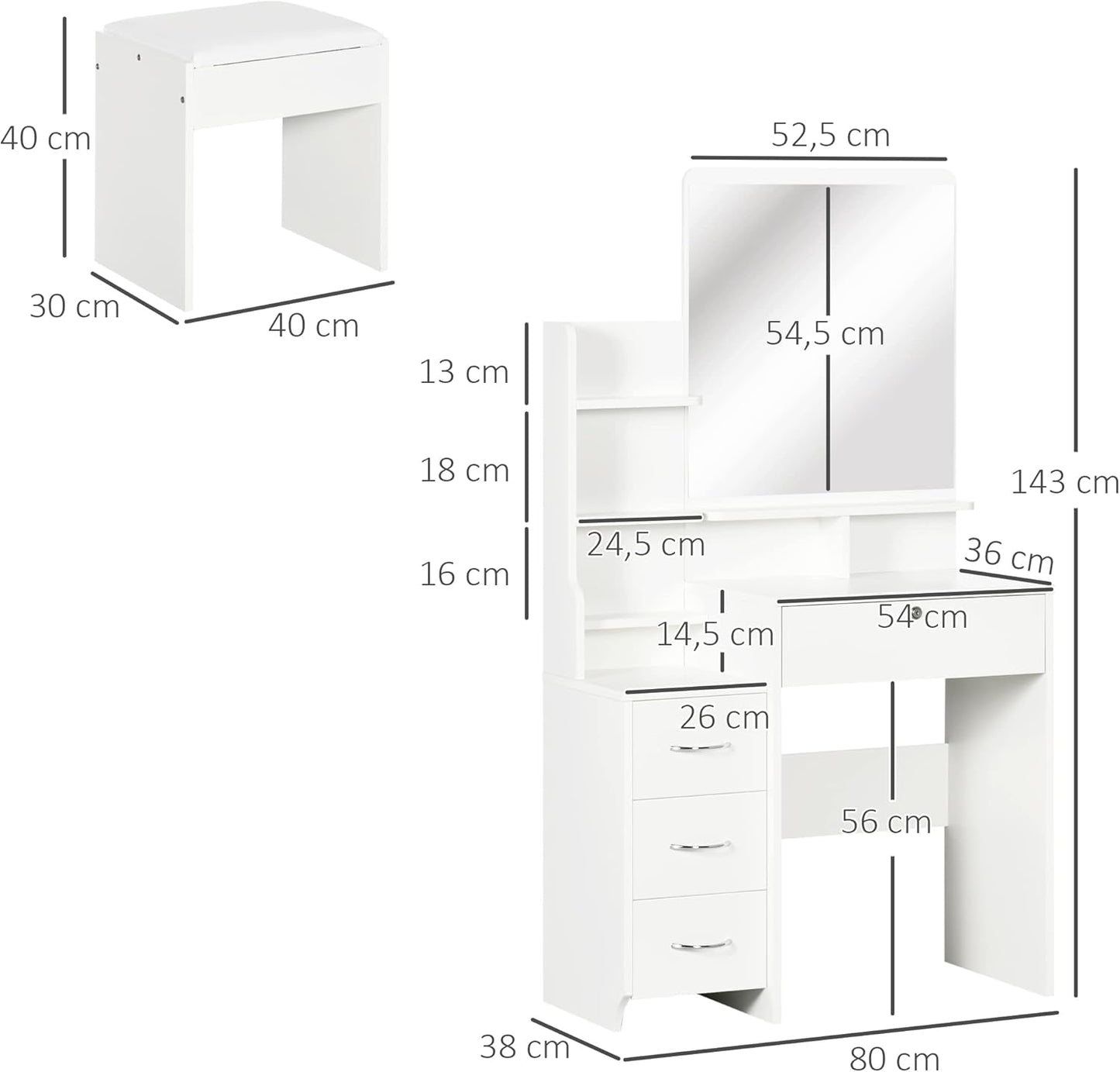 HOMCOM Makeup Vanity with Stool and Mirror Makeup Table with 4 Drawers 4 Storage Compartments Modern Style 80 x 38 x 143 cm White