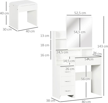 HOMCOM Makeup Vanity with Stool and Mirror Makeup Table with 4 Drawers 4 Storage Compartments Modern Style 80 x 38 x 143 cm White