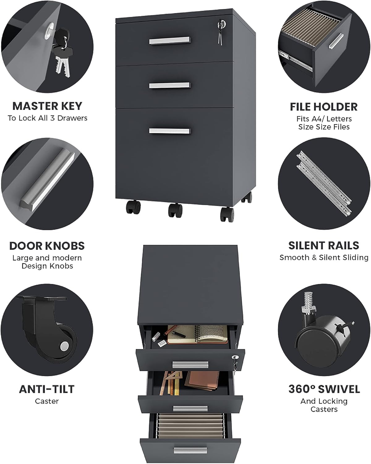 FurniFlex File Cabinet with Lock, 26-Inch Size, Black/Black