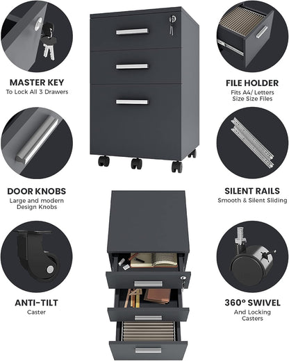 FurniFlex File Cabinet with Lock, 26-Inch Size, Black/Black