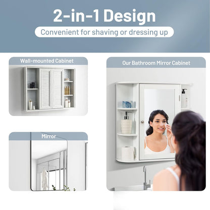LIFEZEAL Bathroom Wall Cabinet with Mirror, MDF Hanging Storage Unit, Height Adjustable Shelves, Toilet Storage Cupboard 66 x 16.5 x 62 cm (White)