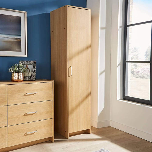 Home Source Stratford Single Door Narrow Wardrobe with Clothes Hanging Rail Storage Shelf Organiser Furniture, Oak, Bedroom Unit