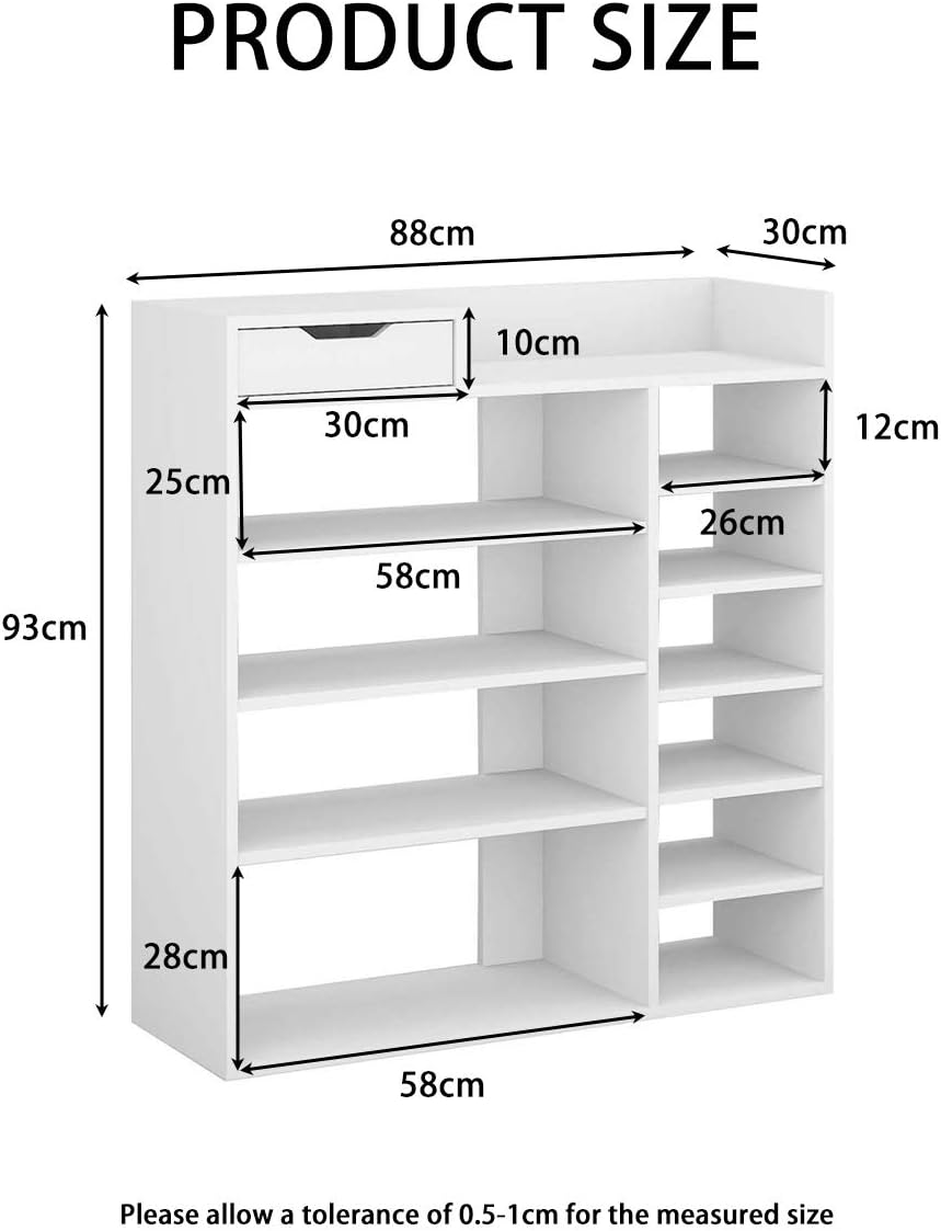 Vicosim Wooden Shoe Shelf, Storage Closet/Drawer Cabinet and Layers Unit, Bookshelf/Shoe Shelving Organizer, White Furniture for Home, Hallway, Bedroom, Corner, White