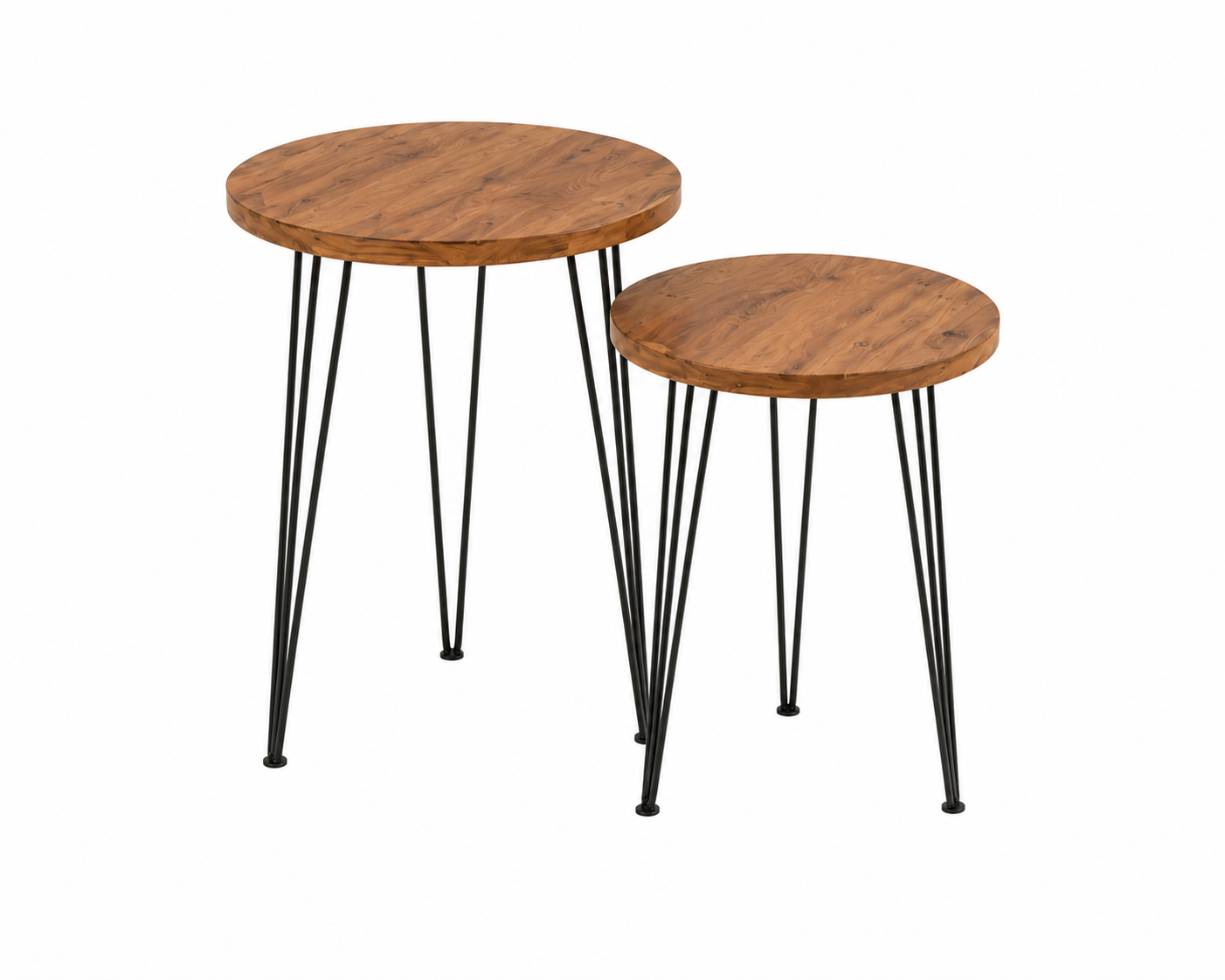 Set of 2 Pine Wood End Tables Round Wood Sofa Side Coffee Tables for Small Spaces