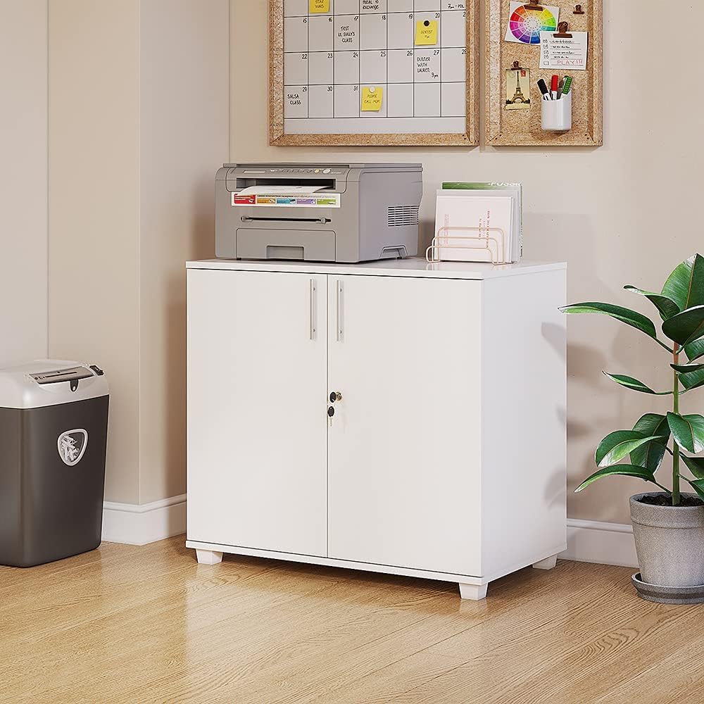 Panana 2 Door Wood File Cabinet With Lock, Office Storage Cupboard Lateral Filing Cabinet Organizer For Home Office (White)