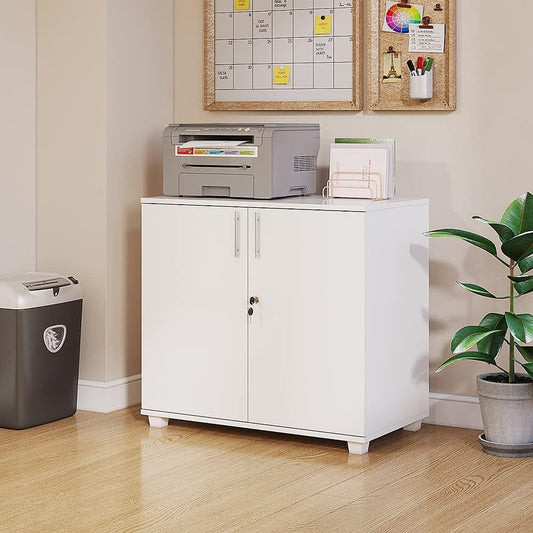Panana 2 Door Wood File Cabinet With Lock, Office Storage Cupboard Lateral Filing Cabinet Organizer For Home Office (White)