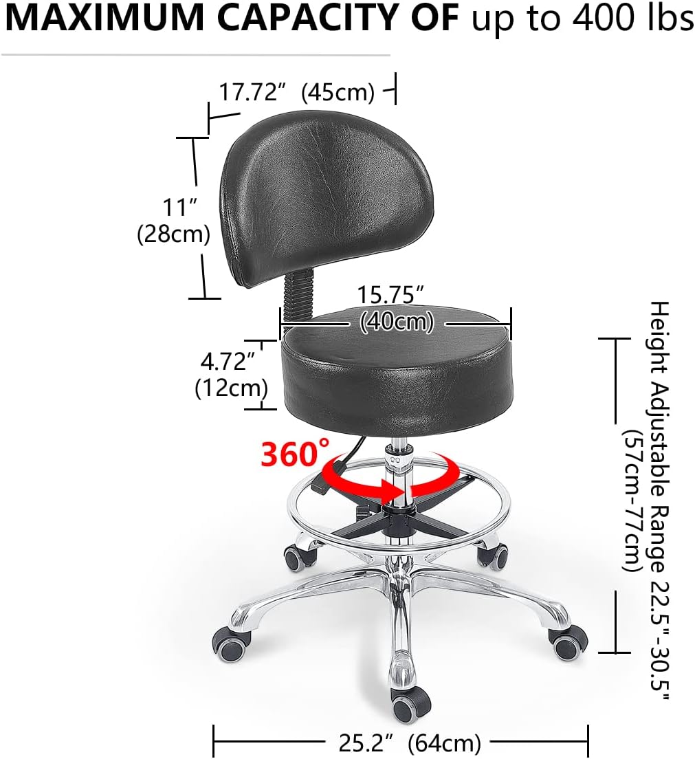 Grace&Grace Height Adjustable Swivel Rolling Stool with Back Extra Thick Seat for Ultimate Comfort for Salon, Studio, Shop, Kitchen (Black,with foot rest)