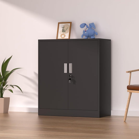 FurniFlex Metal Filing Storage Cabinet with Lockable Doors, 92 cm x 80 cm x 40 cm Size, Black